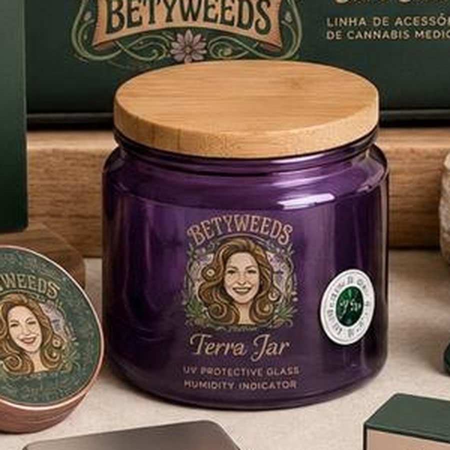 Terra Jar da linha Betyweeds — Vidro com proteção UV, tampa de bambu e indicador de umidade embutido.